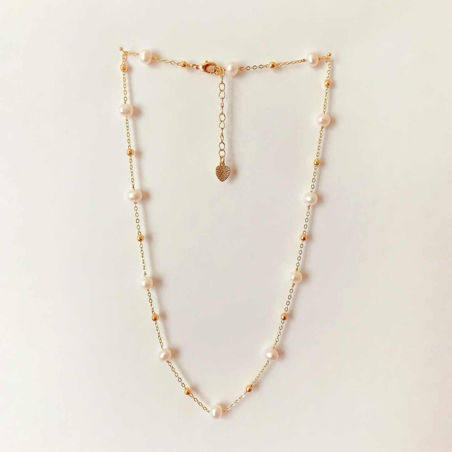 Natural Freshwater White Pearl Necklace Bright Luster Gloss 14K Gold Plated Heart