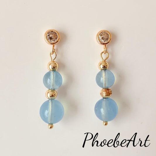 Very good color 8mm Genuine Natural  Blue Aquamarine beads 14K  Gold Filled Earring handmade