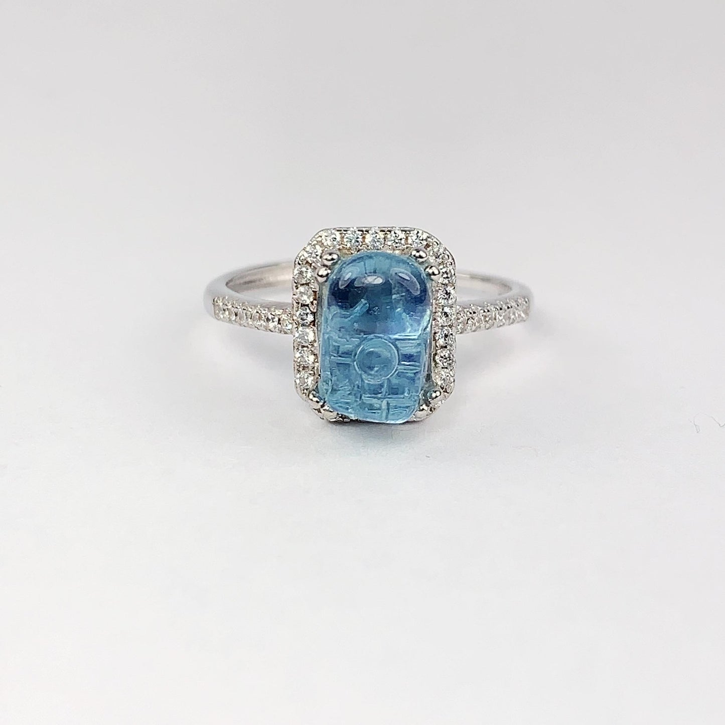 Aquamarine Brave Troops Carved Ring: 18K Gold Plated Sterling Silver Birthstone