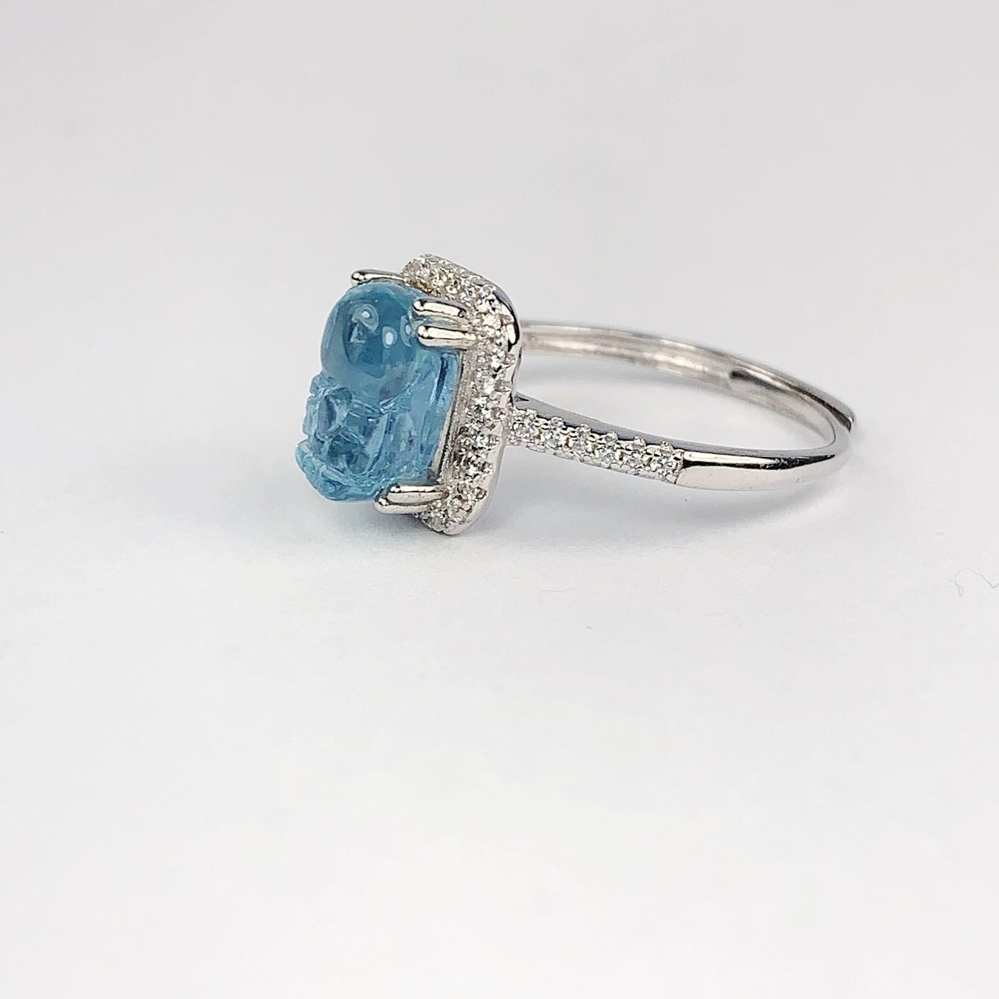 Aquamarine Brave Troops Carved Ring: 18K Gold Plated Sterling Silver Birthstone