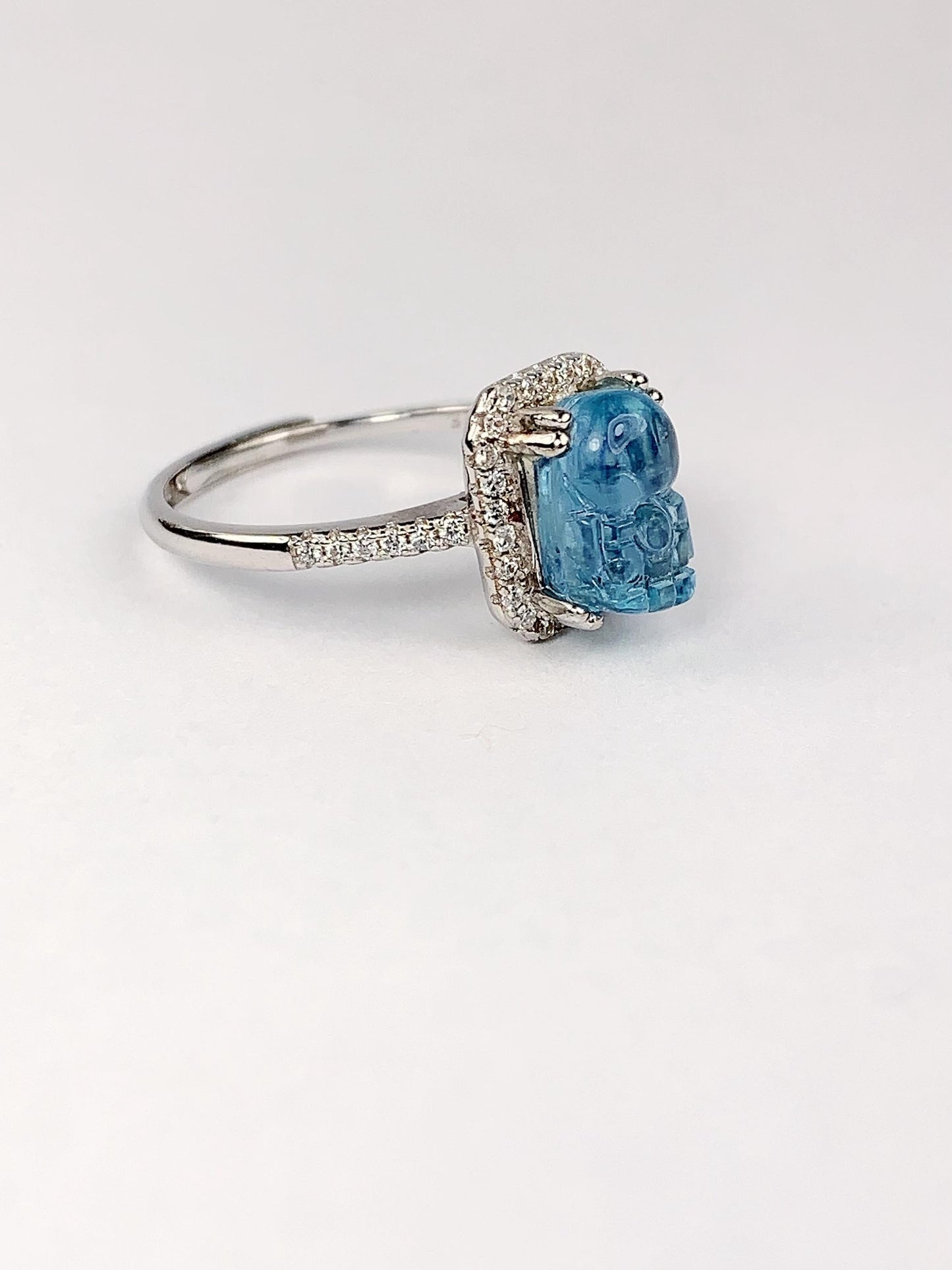 Aquamarine Brave Troops Carved Ring: 18K Gold Plated Sterling Silver Birthstone