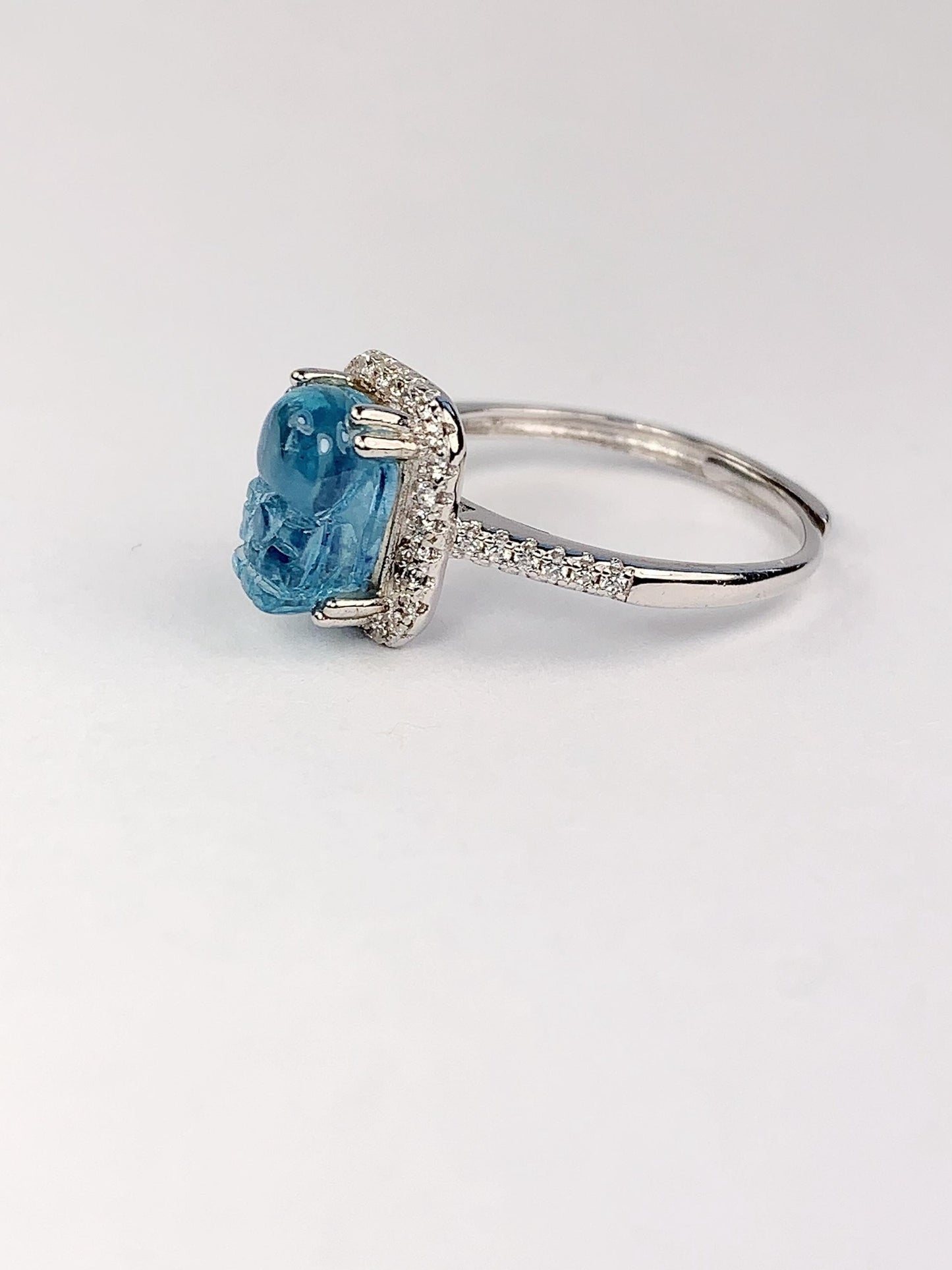 Aquamarine Brave Troops Carved Ring: 18K Gold Plated Sterling Silver Birthstone
