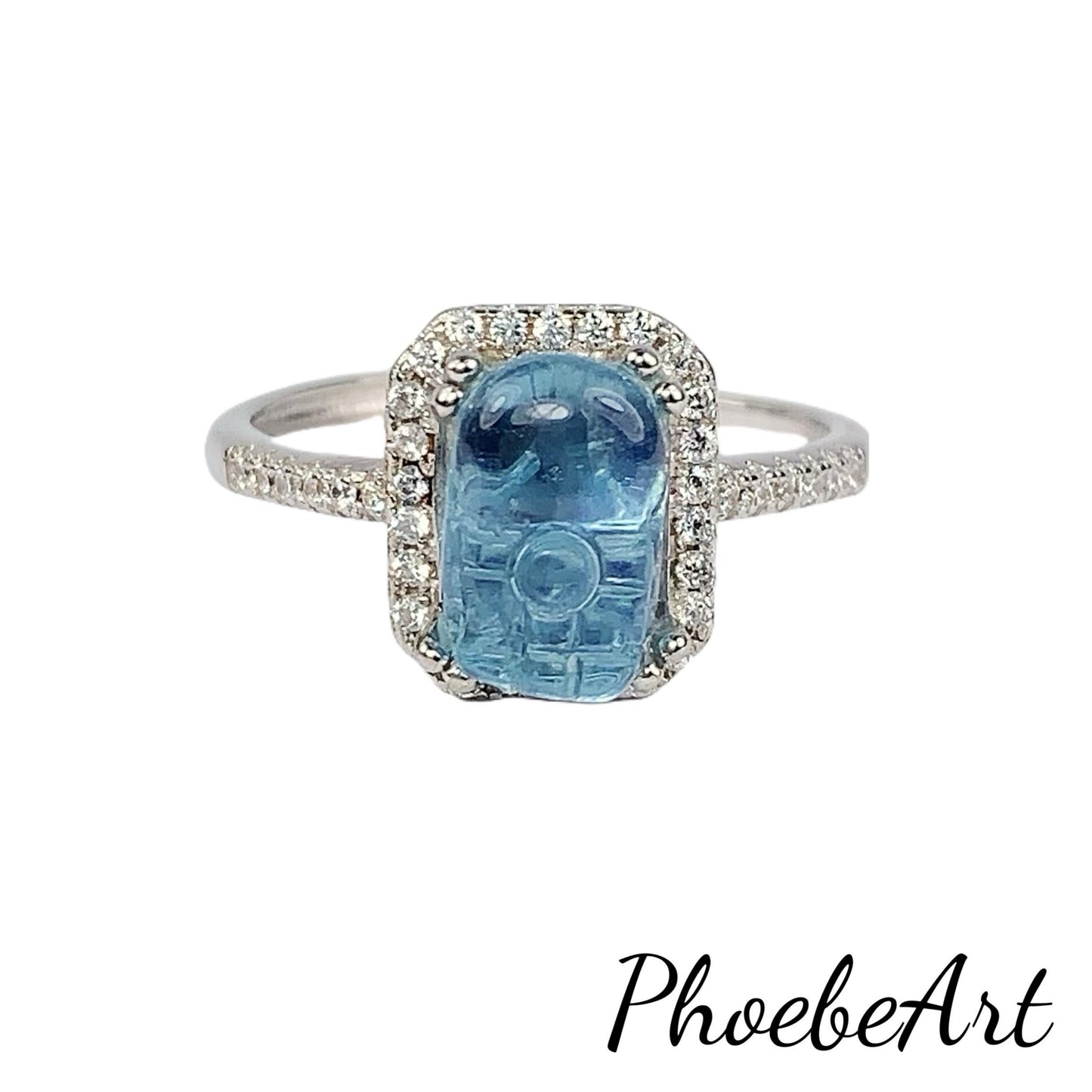 Aquamarine Brave Troops Carved Ring: 18K Gold Plated Sterling Silver Birthstone