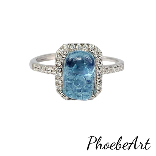 Aquamarine Brave Troops Carved Ring: 18K Gold Plated Sterling Silver Birthstone