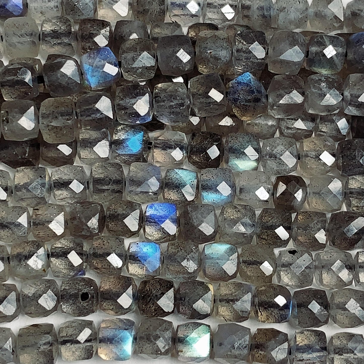 Blue Gray Labradorite Faceted Cube Beads: Natural Gemstone Strand (4.5mm+)