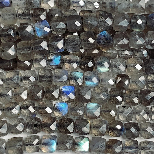 Blue Gray Labradorite Faceted Cube Beads: Natural Gemstone Strand (4.5mm+)