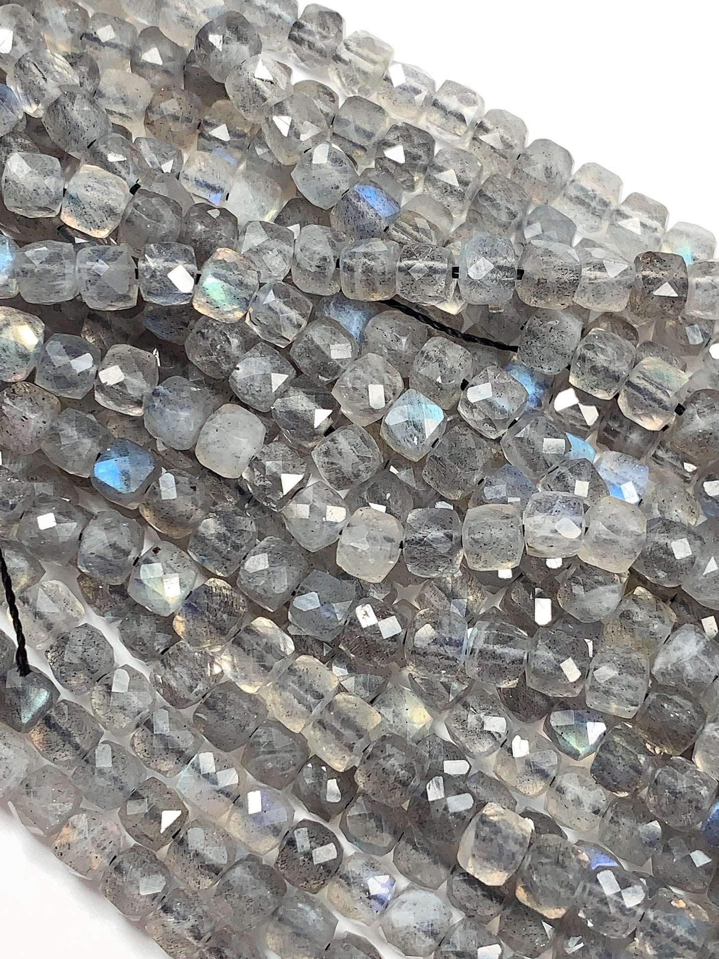 Blue Gray Labradorite Faceted Cube Beads: Natural Gemstone Strand (4.5mm+)