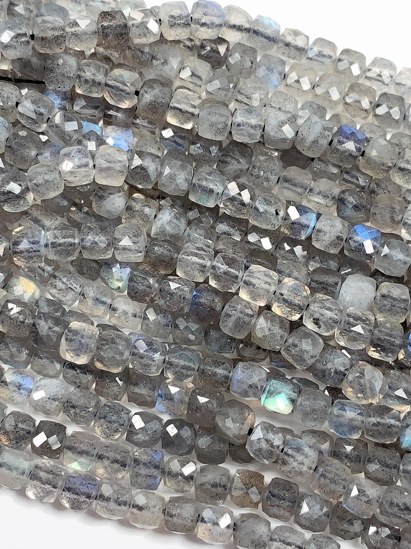 Blue Gray Labradorite Faceted Cube Beads: Natural Gemstone Strand (4.5mm+)