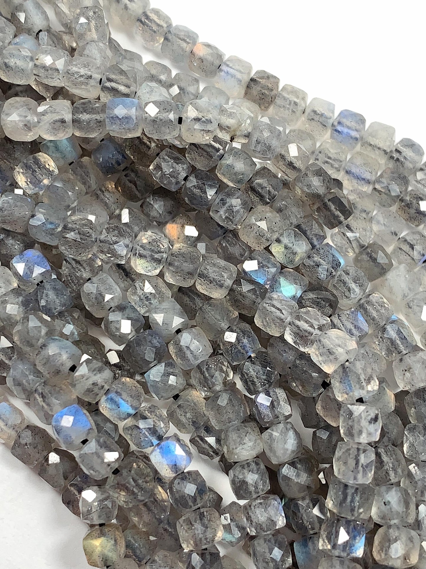Blue Gray Labradorite Faceted Cube Beads: Natural Gemstone Strand (4.5mm+)