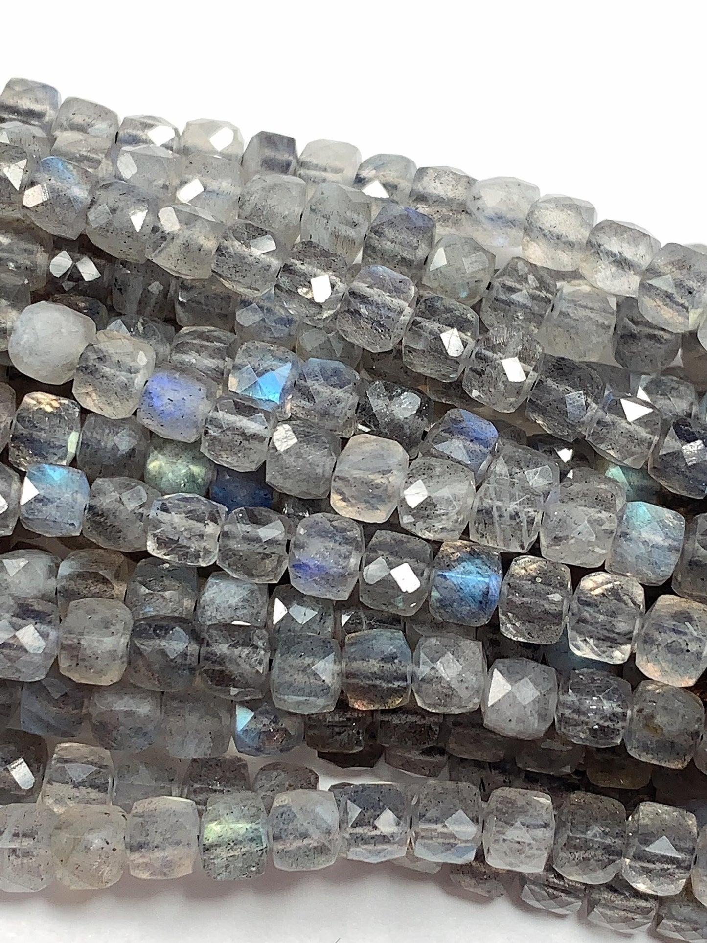 Blue Gray Labradorite Faceted Cube Beads: Natural Gemstone Strand (4.5mm+)