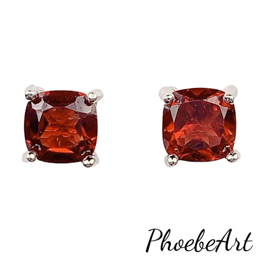 Red Garnet Sterling Silver Earrings: 18k White Gold Plated Studs