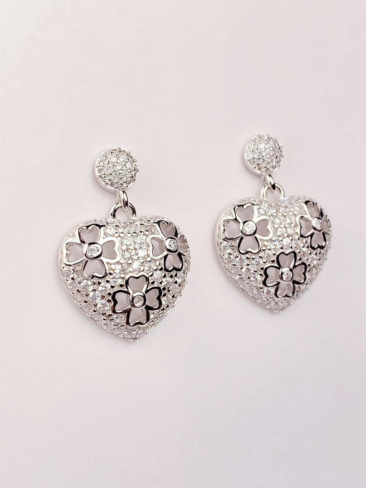 Heart Clover Earrings: 18k White Gold Plated Sterling Silver Studs