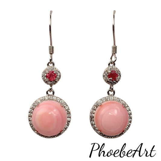 10mm Genuine Natural Pink Queen Conch Pink Tourmaline 18K White Gold Plated S 925 Earrings Ear Stud