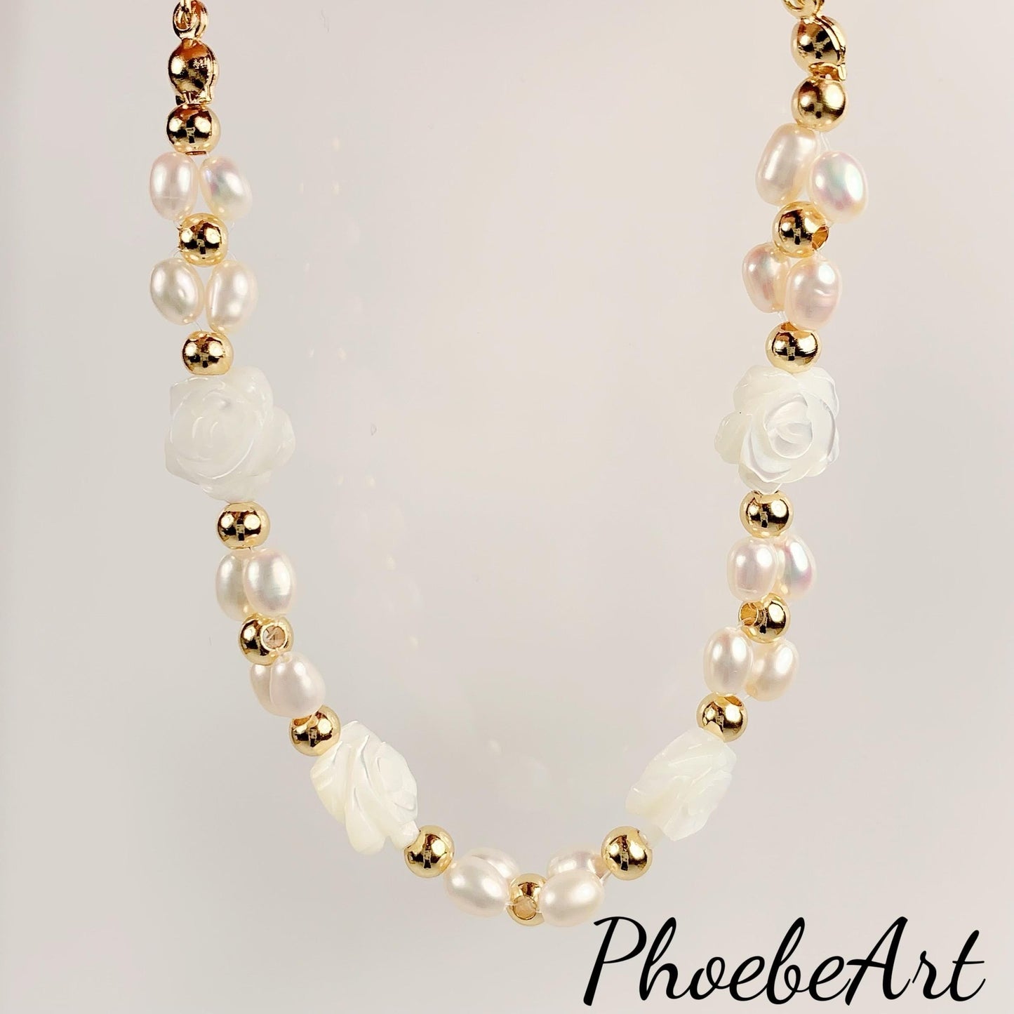 Freshwater Pearl Bracelet: 14K Gold Filled Carved Shell Rose