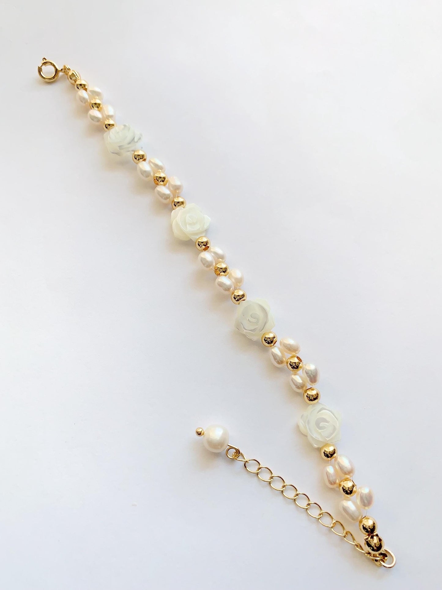 Freshwater Pearl Bracelet: 14K Gold Filled Carved Shell Rose