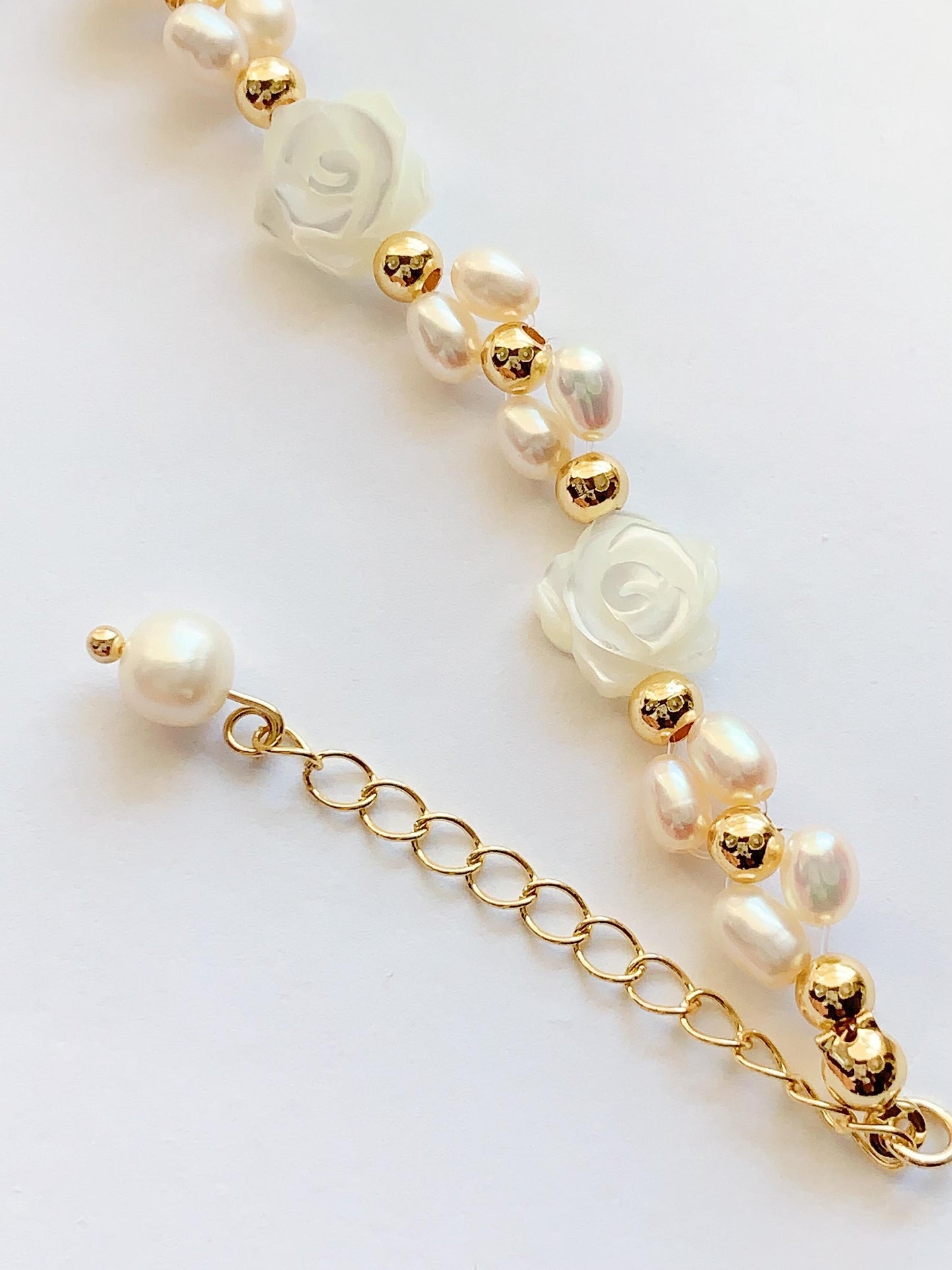 Freshwater Pearl Bracelet: 14K Gold Filled Carved Shell Rose
