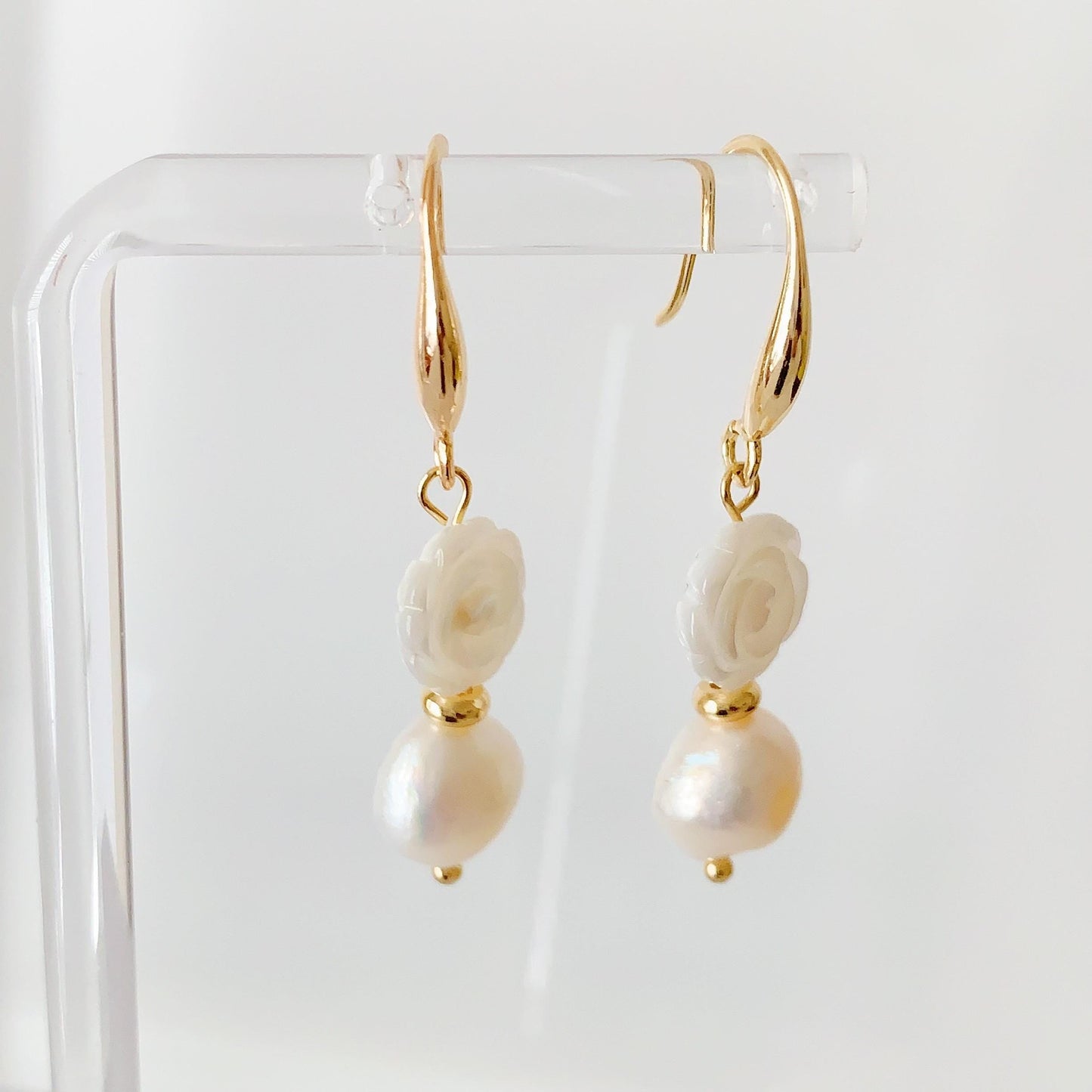 14K Gold Baroque Pearl Earrings: Hand Carved Rose, Mother of Pearl