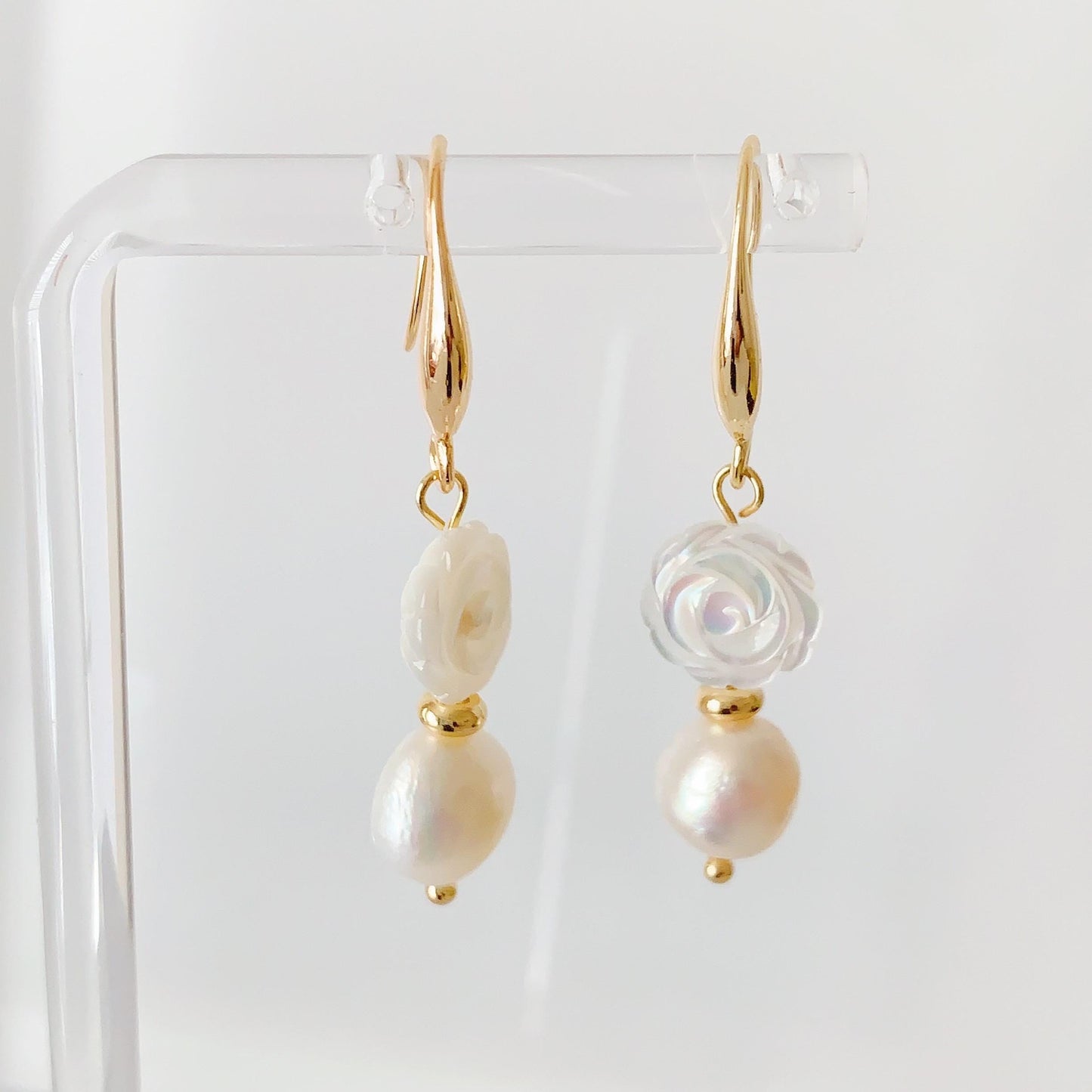 14K Gold Baroque Pearl Earrings: Hand Carved Rose, Mother of Pearl
