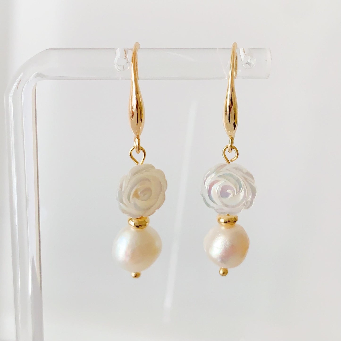 14K Gold Baroque Pearl Earrings: Hand Carved Rose, Mother of Pearl