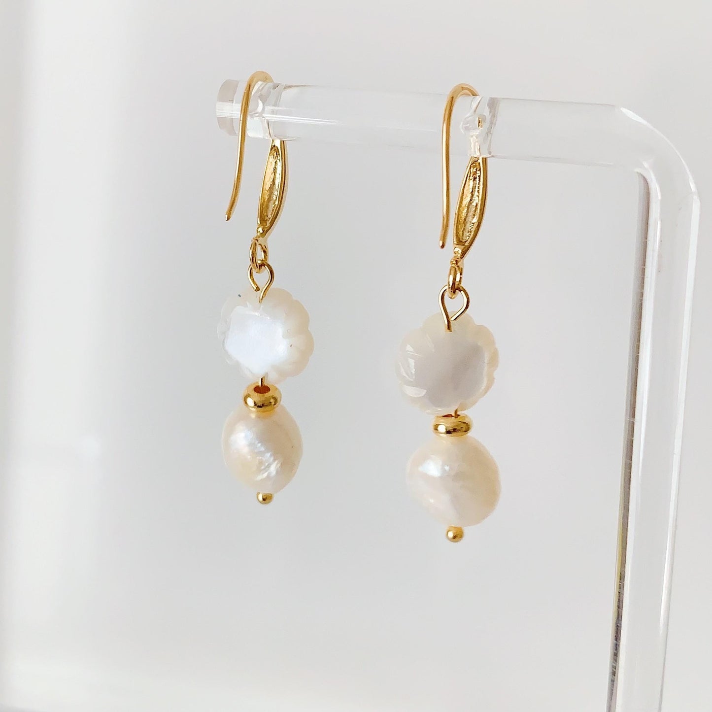 14K Gold Baroque Pearl Earrings: Hand Carved Rose, Mother of Pearl