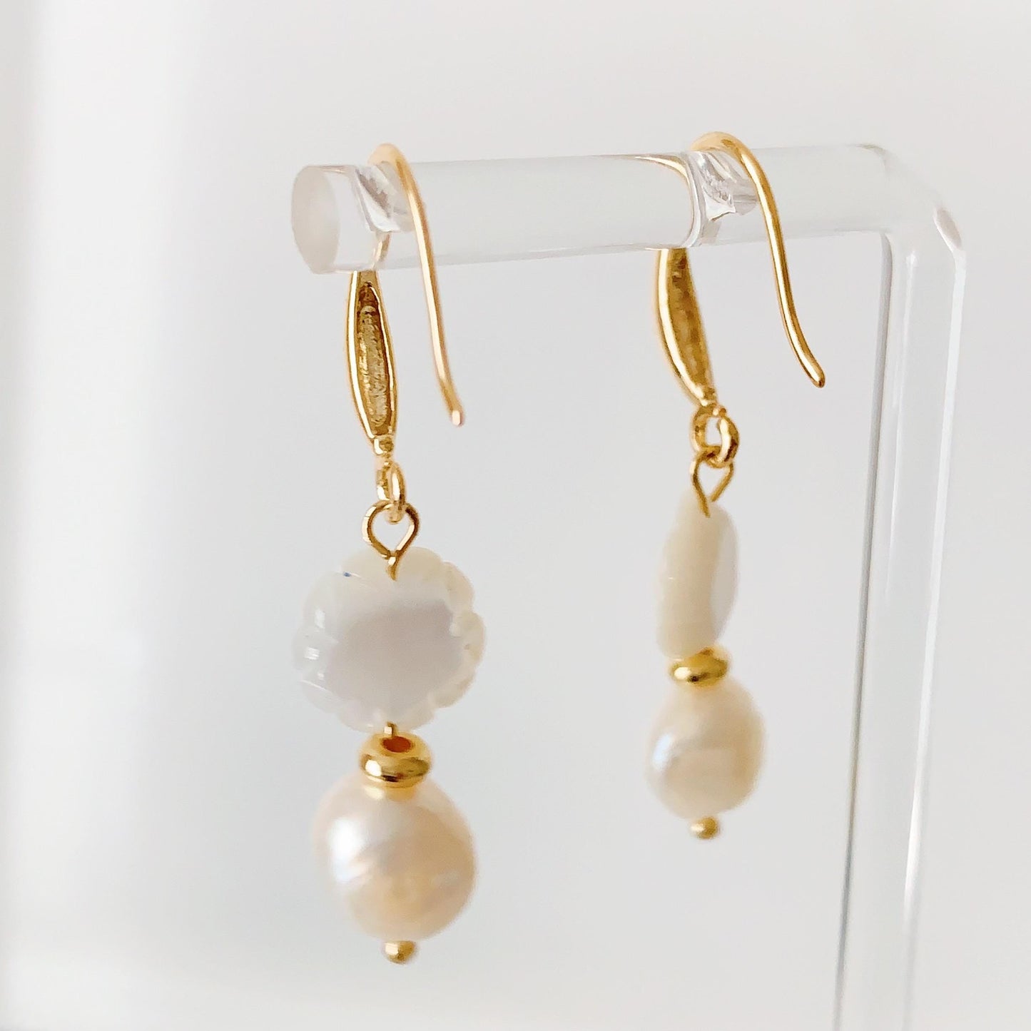 14K Gold Baroque Pearl Earrings: Hand Carved Rose, Mother of Pearl