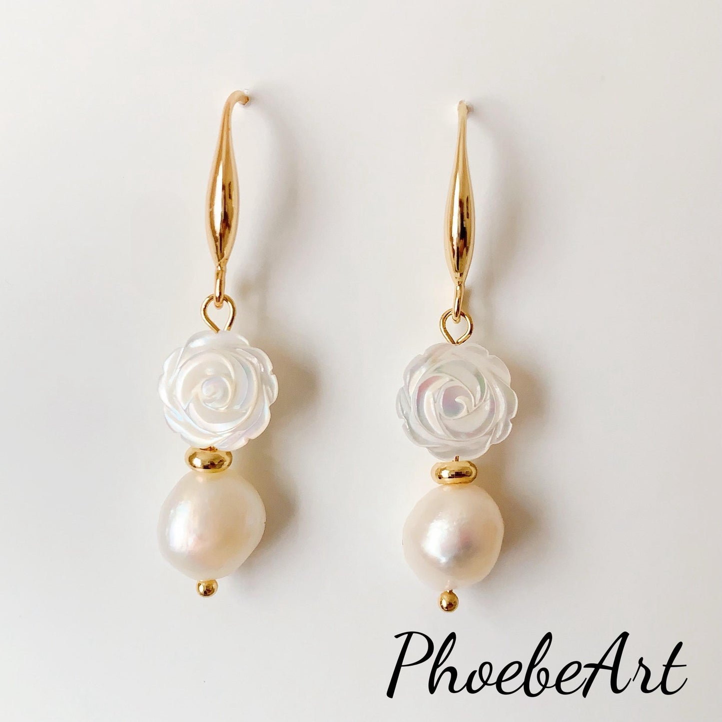 14K Gold Baroque Pearl Earrings: Hand Carved Rose, Mother of Pearl