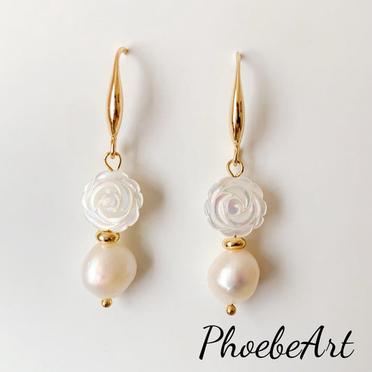 14K Gold Baroque Pearl Earrings: Hand Carved Rose, Mother of Pearl