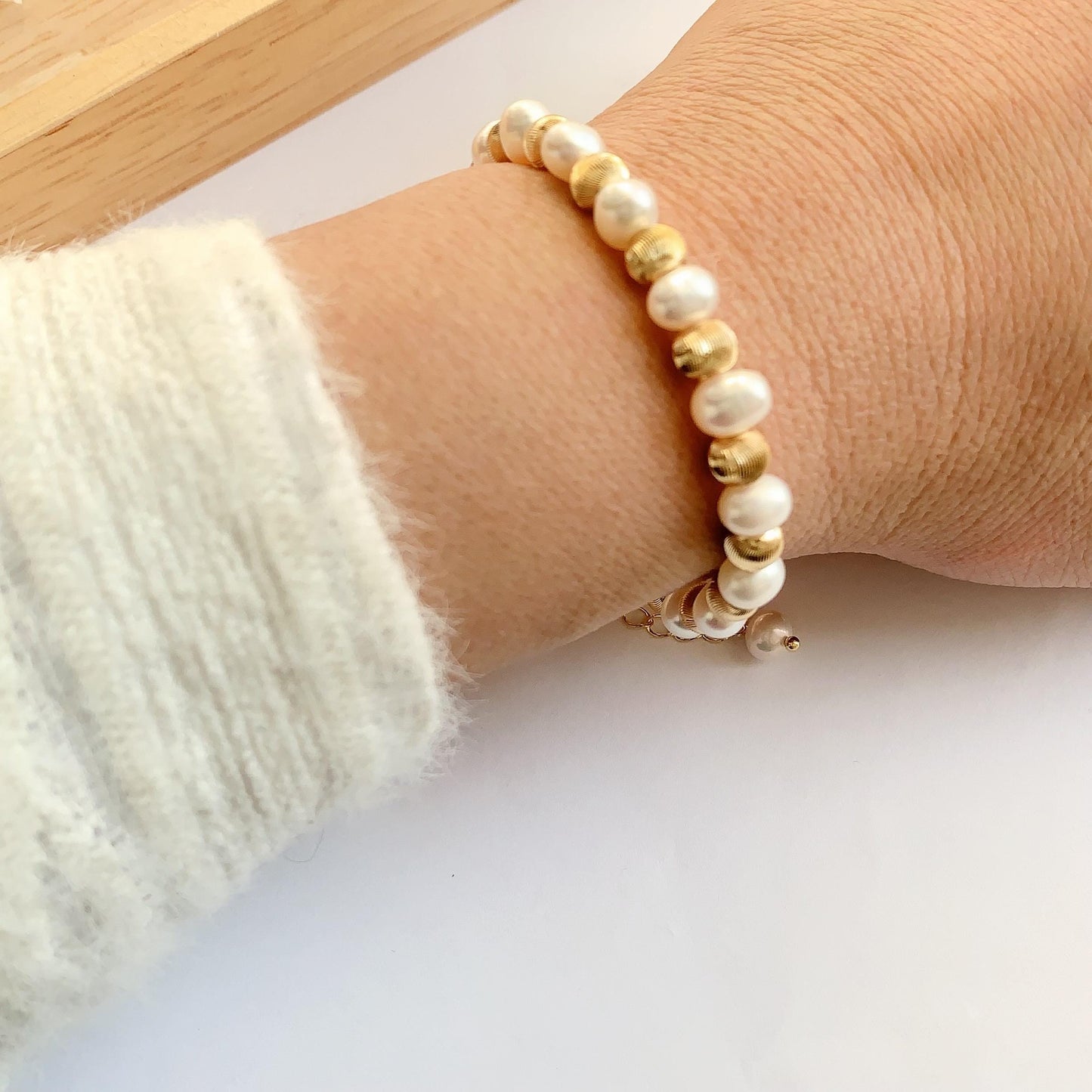 Freshwater Pearl Bracelet: 14K Gold Filled, Cat Eye Beads