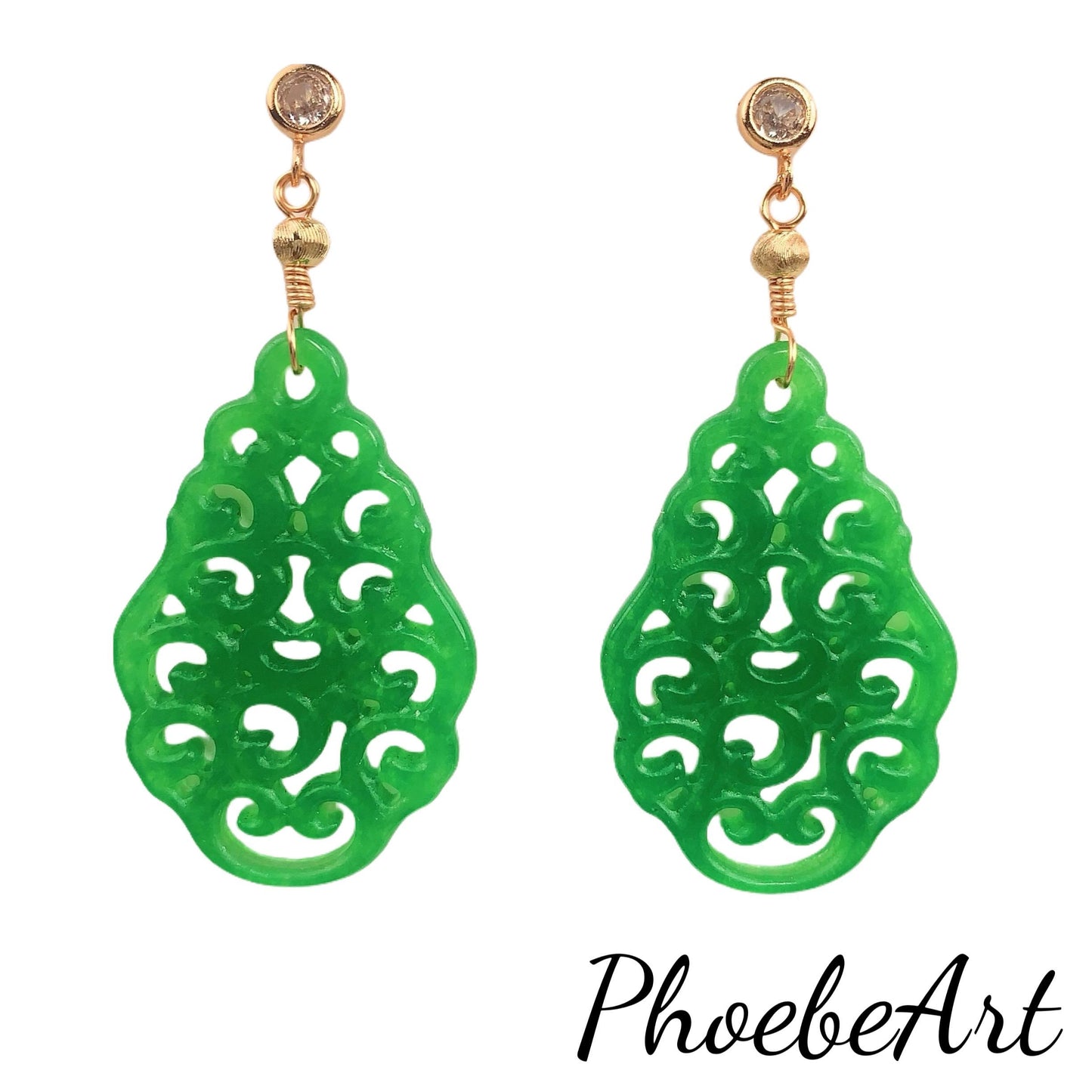 Natural Green Jade 14K Yellow Gold Filled Earrings Ear Stud Hollow carved