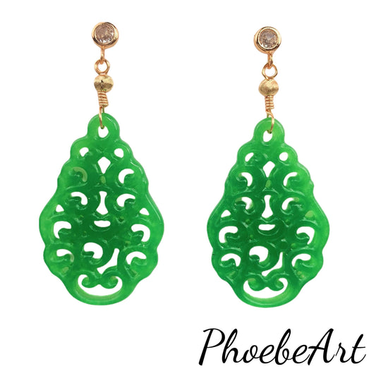 Natural Green Jade 14K Yellow Gold Filled Earrings Ear Stud Hollow carved