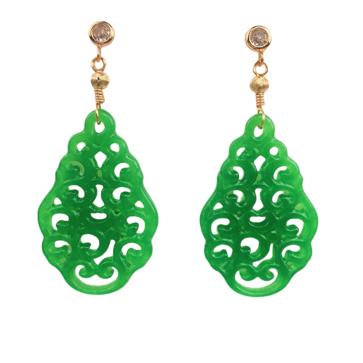 Natural Green Jade 14K Yellow Gold Filled Earrings Ear Stud Hollow carved