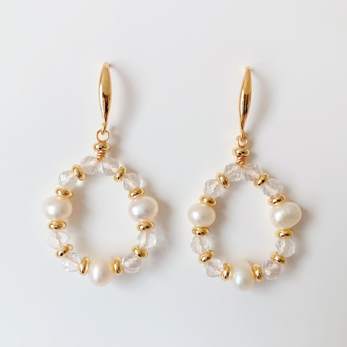 14K Gold Freshwater Pearl Earrings with Quartz Crystal, Handmade