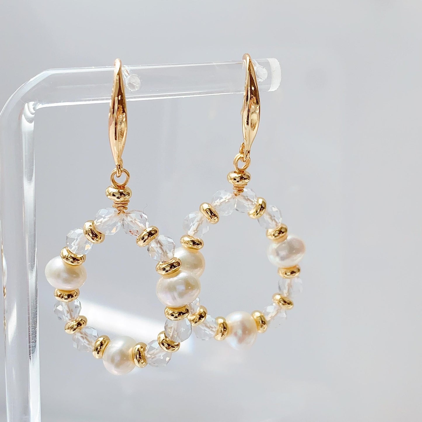 14K Gold Freshwater Pearl Earrings with Quartz Crystal, Handmade