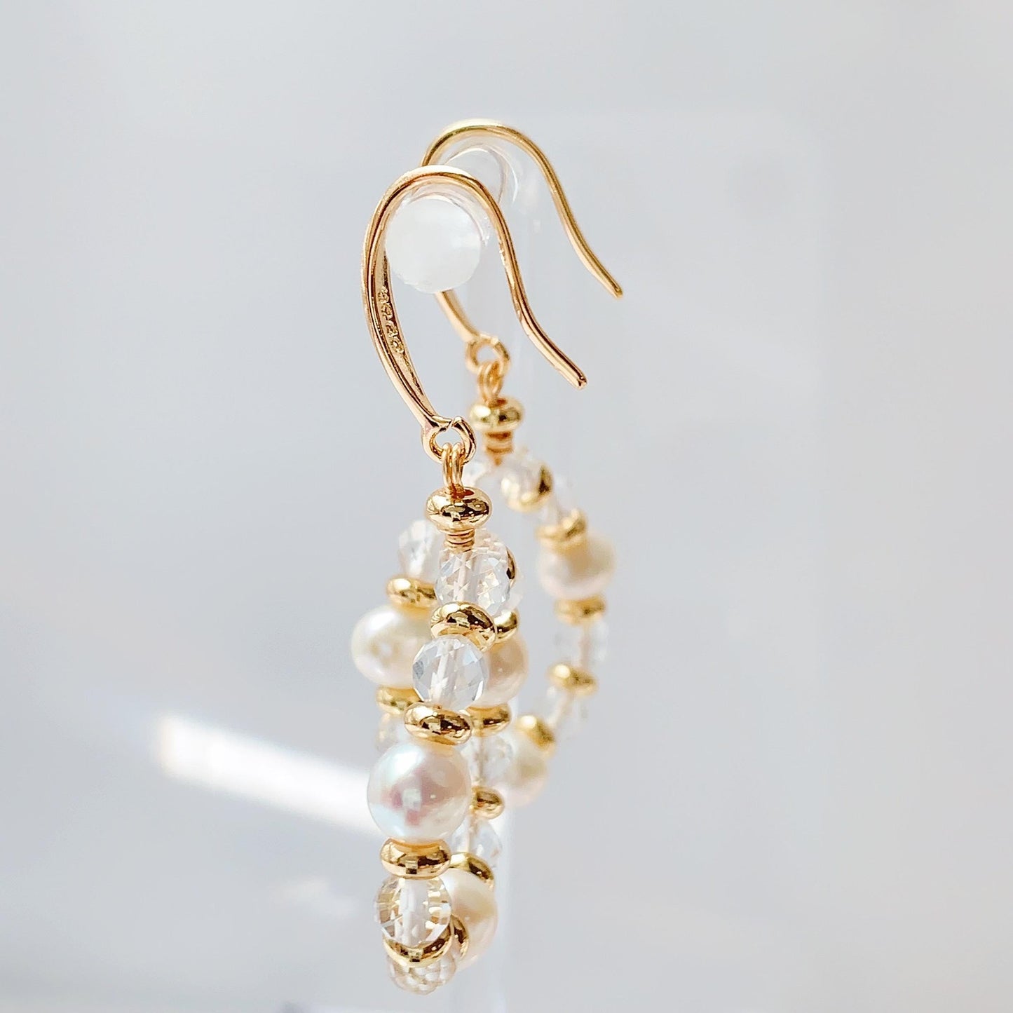 14K Gold Freshwater Pearl Earrings with Quartz Crystal, Handmade
