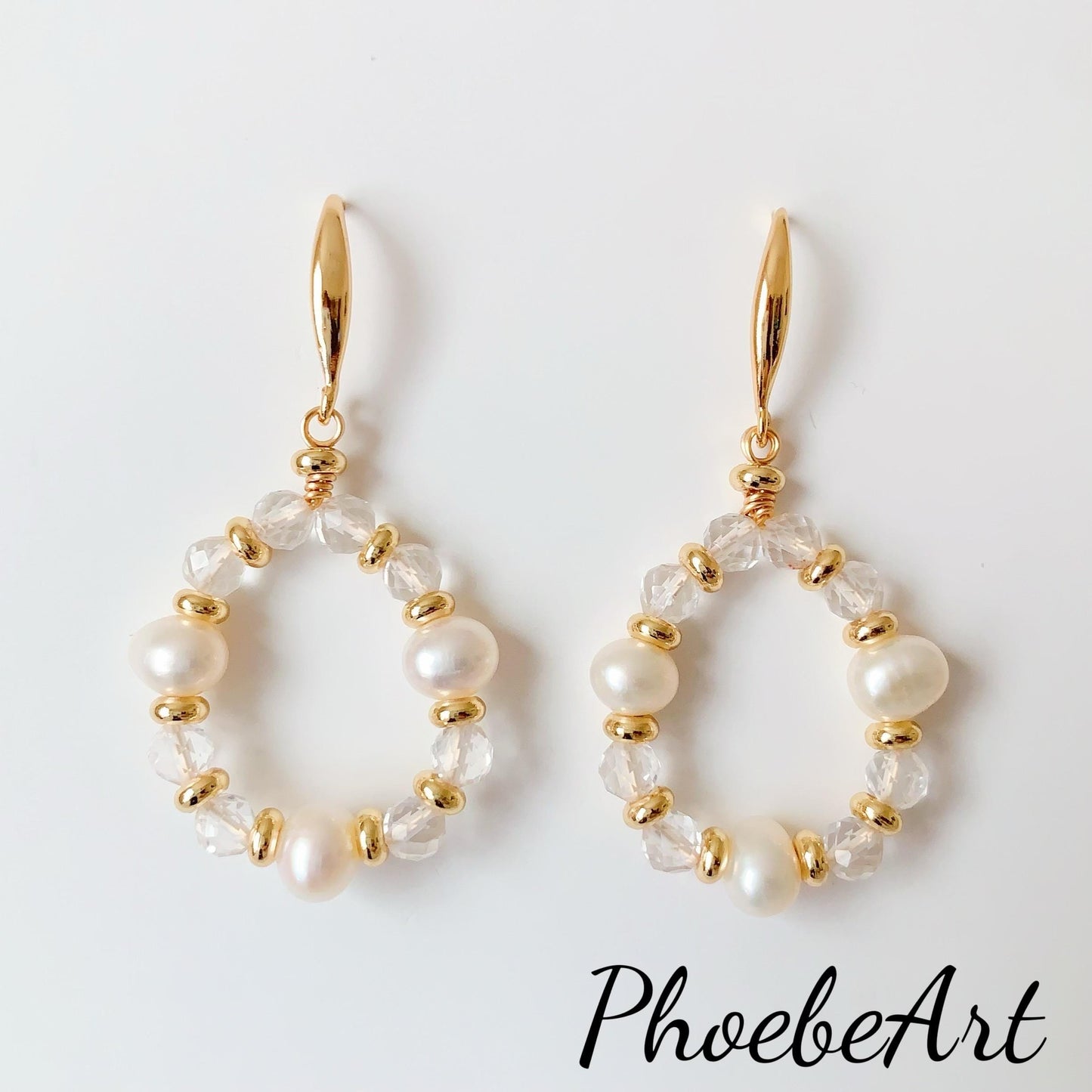 14K Gold Freshwater Pearl Earrings with Quartz Crystal, Handmade