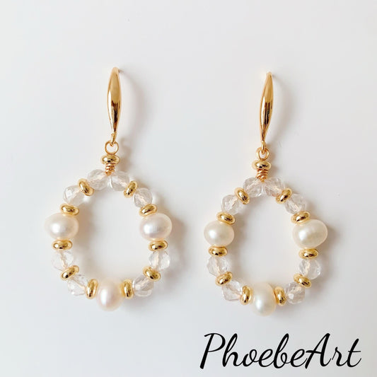 14K Gold Freshwater Pearl Earrings with Quartz Crystal, Handmade
