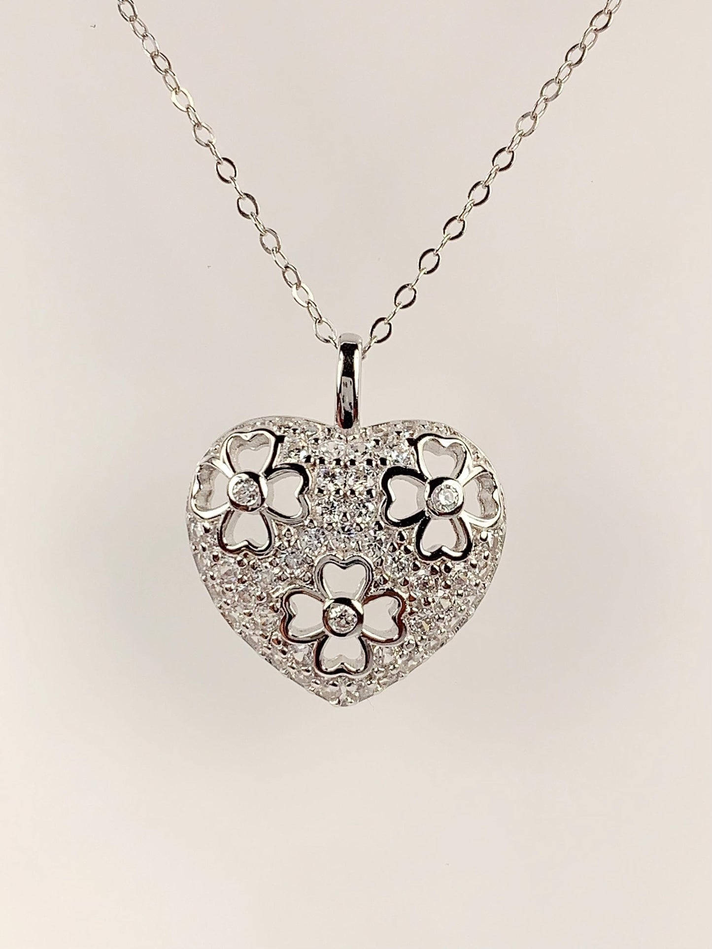 Heart Clover Necklace: 18k White Gold Plated Sterling Silver
