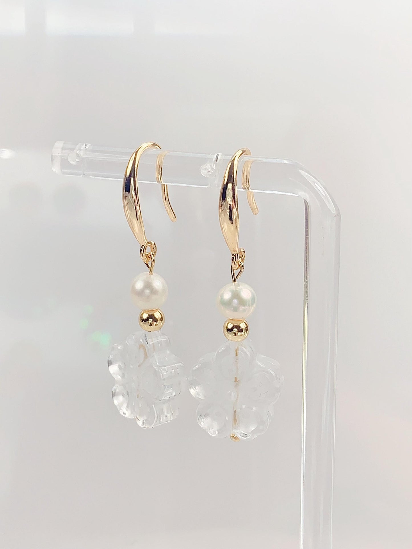 14K Gold Filled Pearl Earrings: Quartz Crystal Flower, Handmade