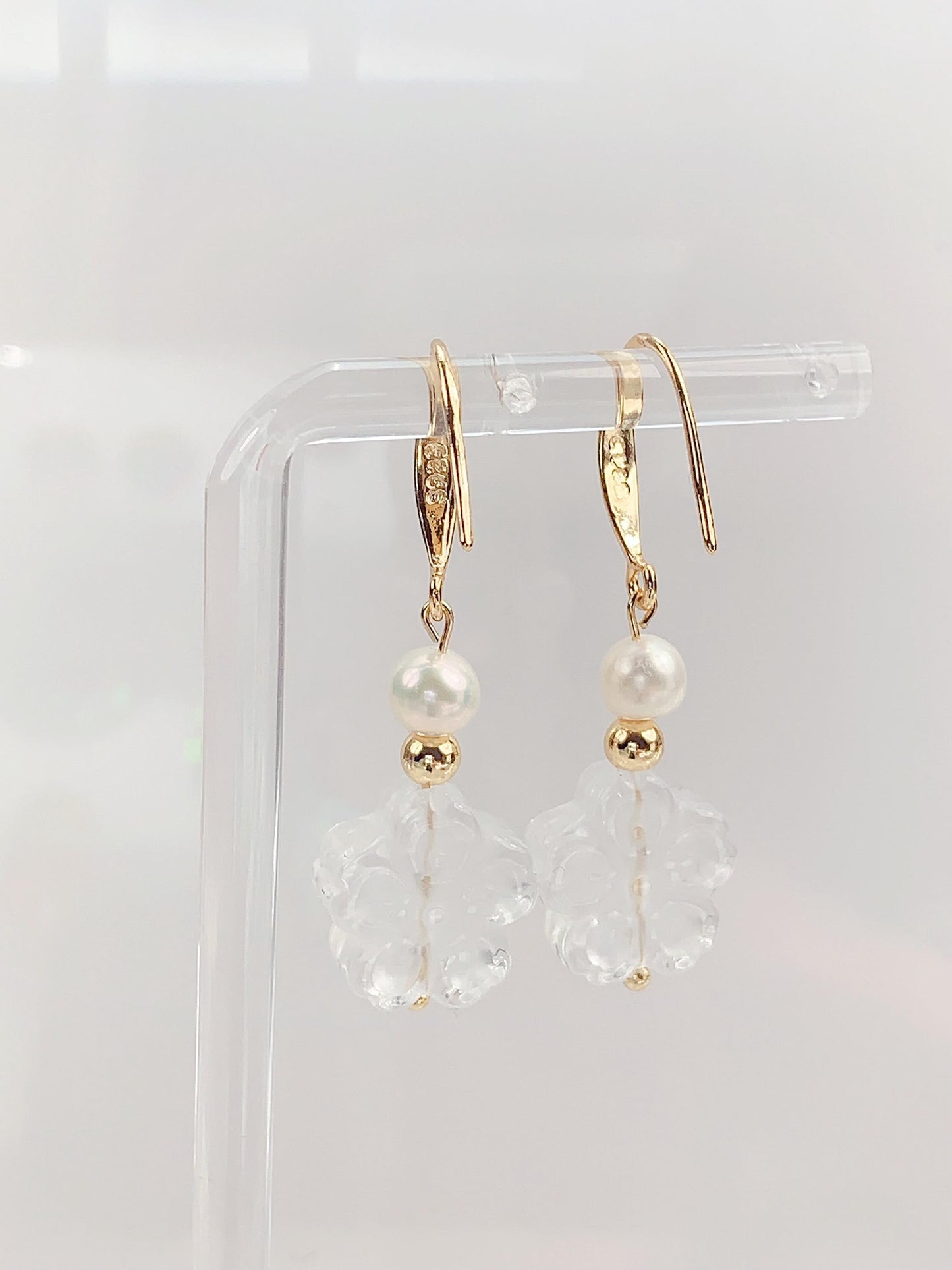 14K Gold Filled Pearl Earrings: Quartz Crystal Flower, Handmade