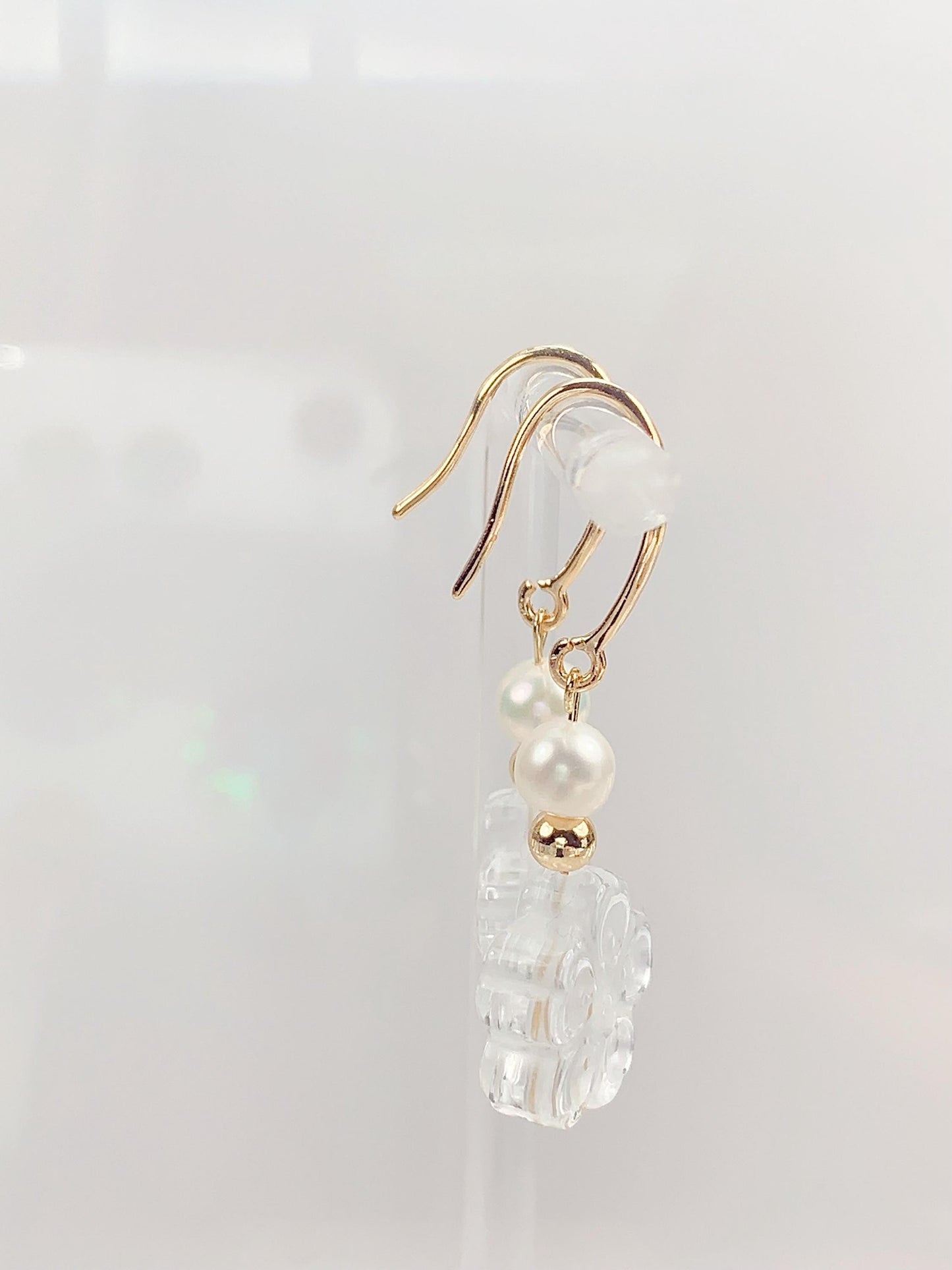 14K Gold Filled Pearl Earrings: Quartz Crystal Flower, Handmade