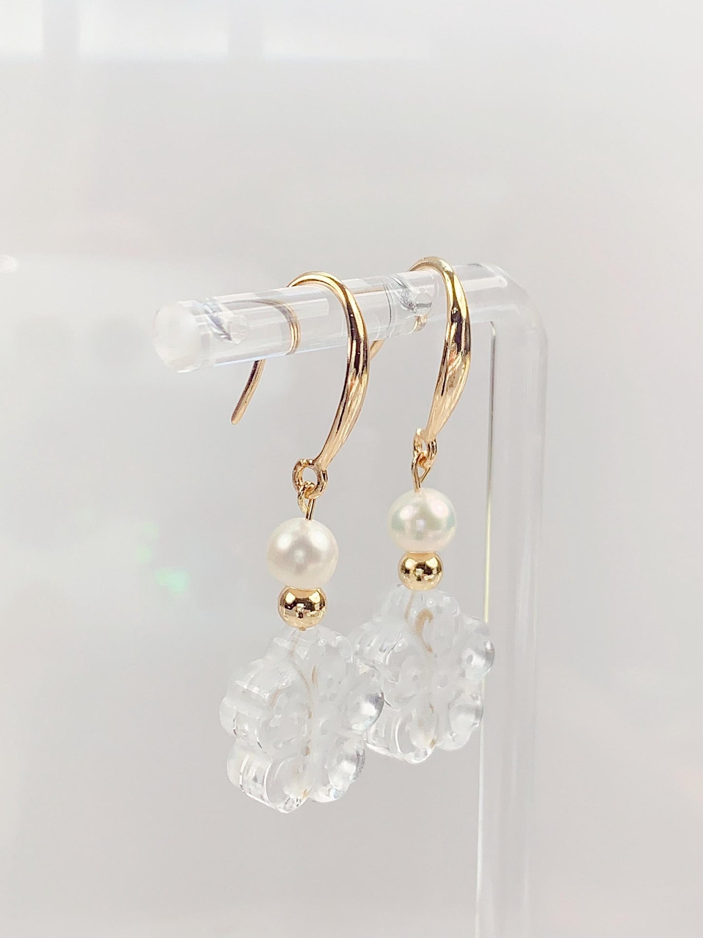 14K Gold Filled Pearl Earrings: Quartz Crystal Flower, Handmade