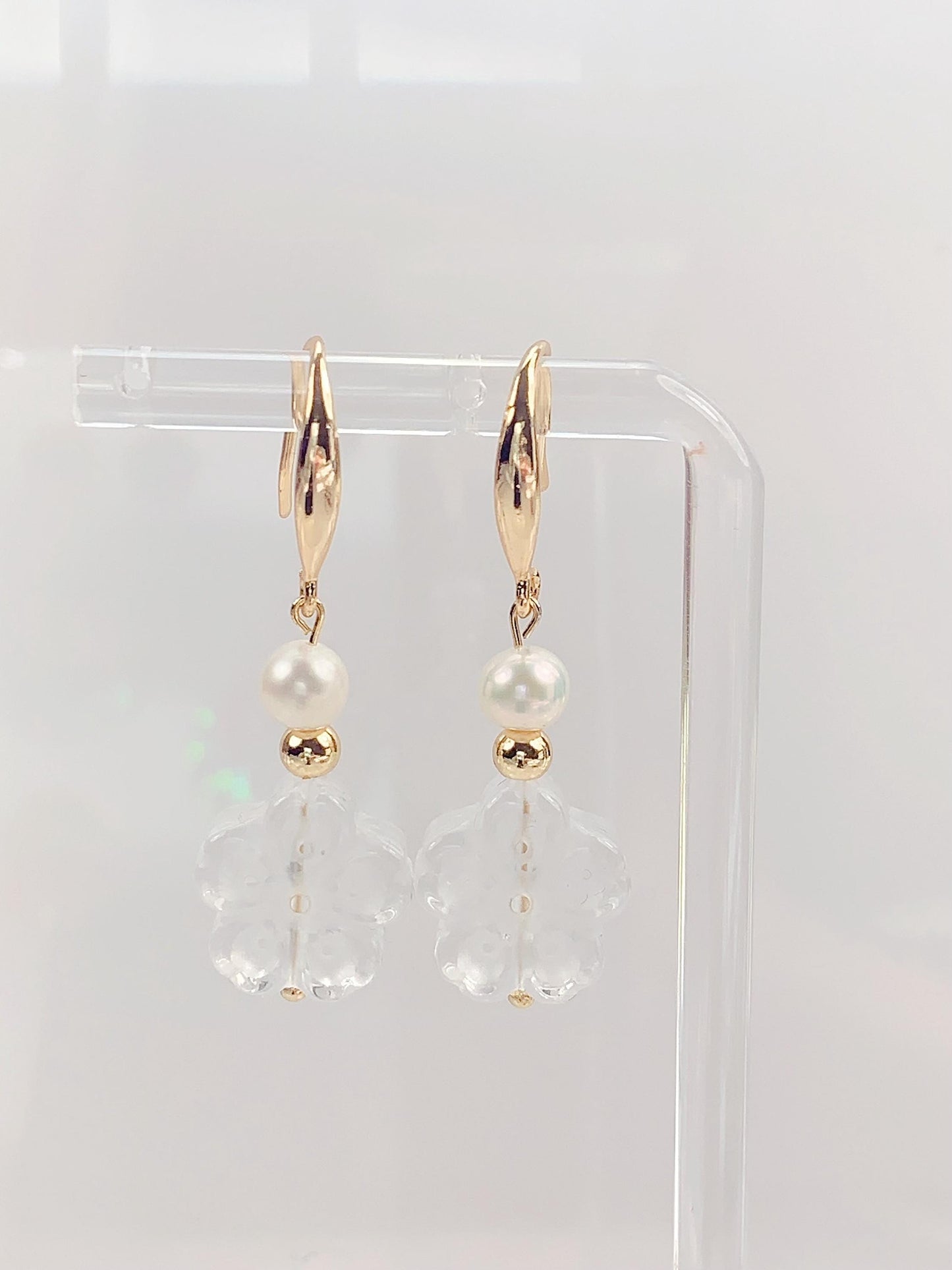 14K Gold Filled Pearl Earrings: Quartz Crystal Flower, Handmade