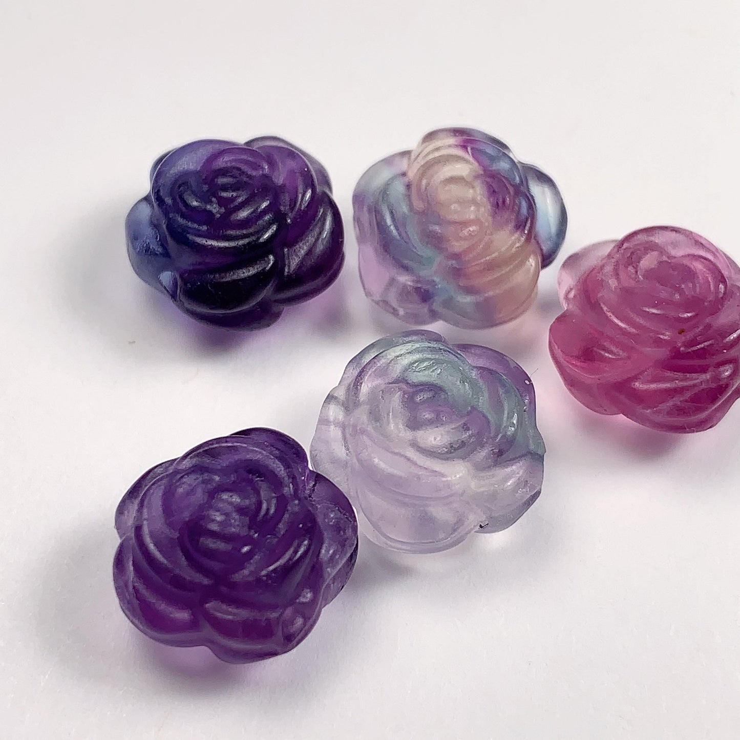 13mm Natural Rainbow fluorit Loose Bead: Carved Rose Flower Gemstone
