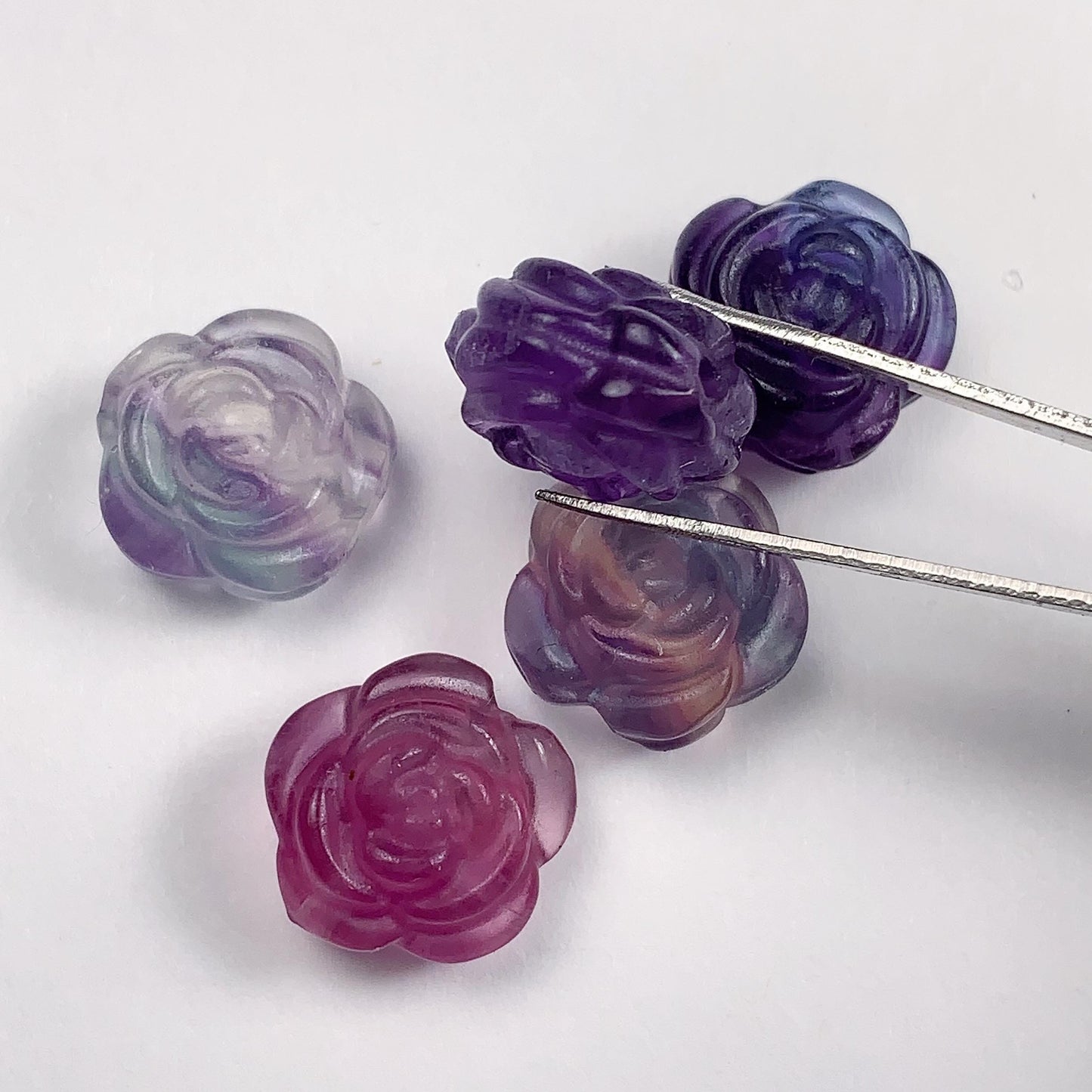 13mm Natural Rainbow fluorit Loose Bead: Carved Rose Flower Gemstone