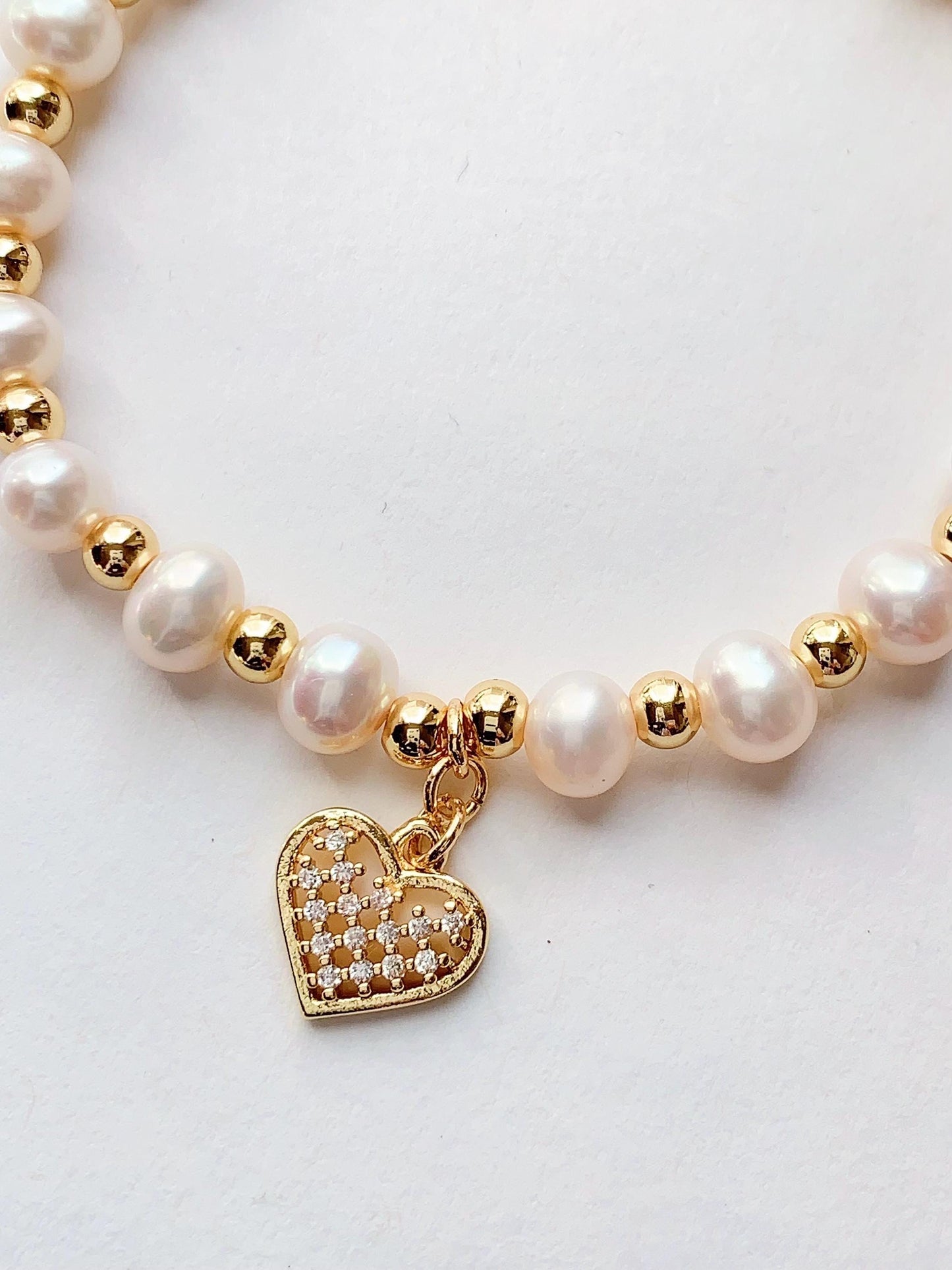 AAA Freshwater Pearl Bracelet: 14K Gold Heart Pendant, June Birthstone