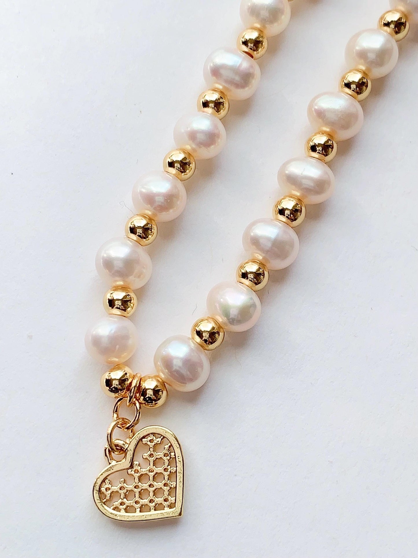 AAA Freshwater Pearl Bracelet: 14K Gold Heart Pendant, June Birthstone