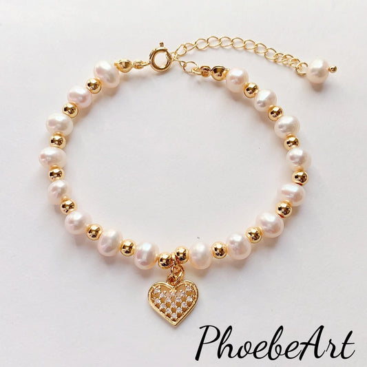 AAA Freshwater Pearl Bracelet: 14K Gold Heart Pendant, June Birthstone