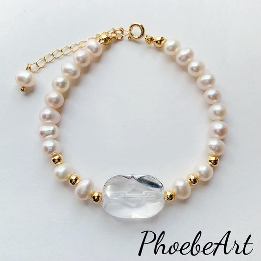 Freshwater Pearl Bracelet: 14K Gold Filled, Clear Quartz Pendant