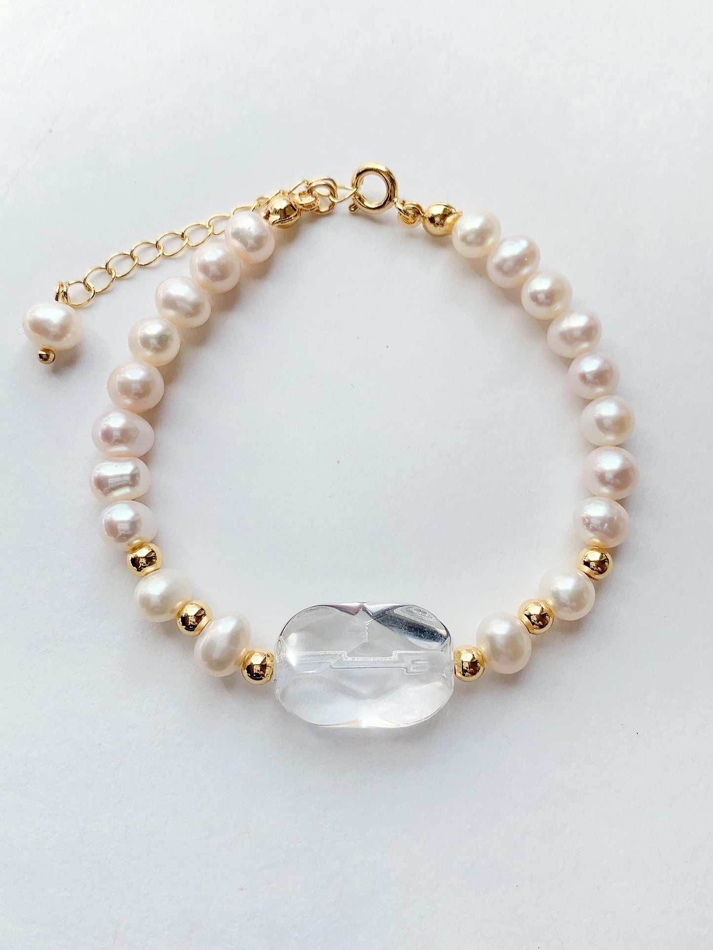 Freshwater Pearl Bracelet: 14K Gold Filled, Clear Quartz Pendant
