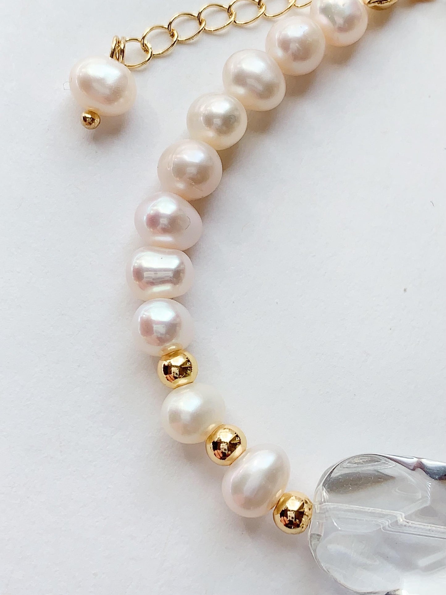 Freshwater Pearl Bracelet: 14K Gold Filled, Clear Quartz Pendant